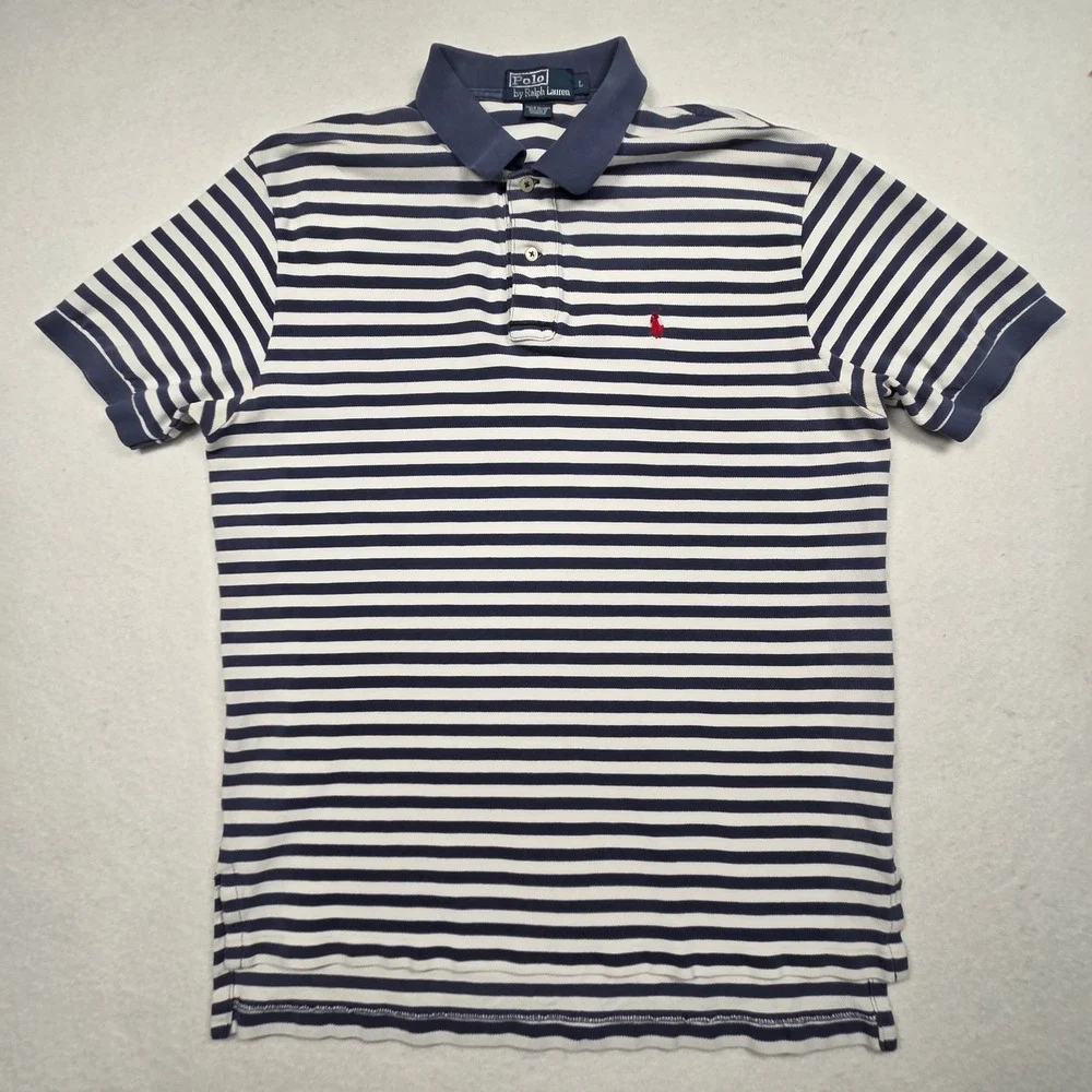 Vintage 90s Polo Ralph Lauren Polo Shirt L Blue White Striped Short Sleeve Vtg